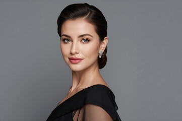 Naklejka premium Elegant portrait of young woman with sophisticated makeup and stylish earrings against a neutral grey background with space for text or promotional content