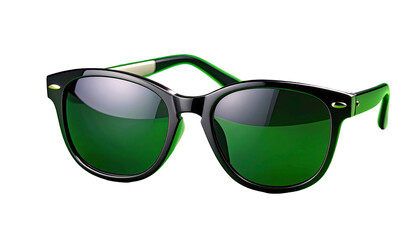 Stylish black sunglasses with green lenses on a white background.