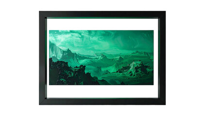 Surreal Green Mountainous Seascape in a Black Picture Frame.