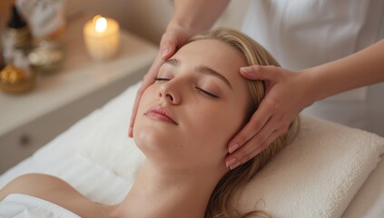 Young woman receiving a facial massage in a spa setting with soft lighting and candles creating a calming ambiance highlighting relaxation and self-care services.