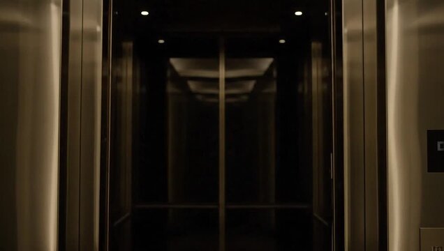 Modern metallic elevator doors slowly opening to reveal a dark, empty shaft inside a contemporary building.