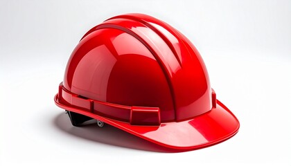 "Glossy red construction safety helmet with front brim and side ridges on white surface."