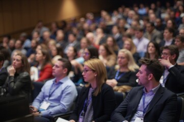 Blurred background of diverse audience attending conference in large hall focused on business education and entrepreneurship with engaged attendees listening intensely
