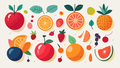 A vibrant collection of assorted fresh fruits, including apples, oranges, strawberries, blueberries, cherries, and pineapple, presented in a lively, flat illustration style.