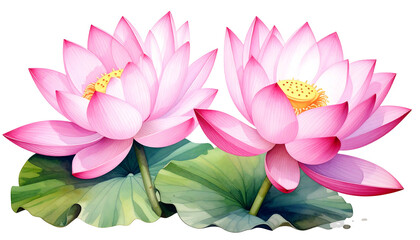 Two Beautiful Pink Lotus Flowers Watercolor Painting.
