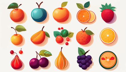 A colorful collection of fifteen stylized fruit illustrations, including apples, oranges, strawberries, cherries, grapes, and other various fruits with leave...