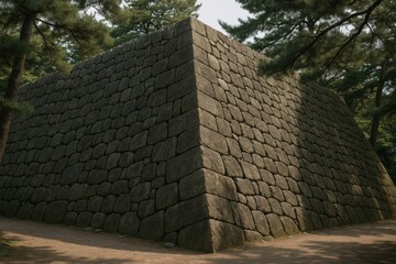Massive Defensive Stone Walls Protecting an Edo Period Japanese Castle, Built with Skilled Craftsmanship and Reflecting the Strength, Architecture, and Heritage of Feudal Japan