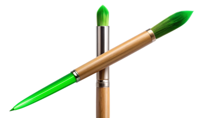 Two Green Paintbrushes Crossed Against White Background.