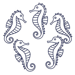 Five stylized outline seahorses arranged in a circle on a white background