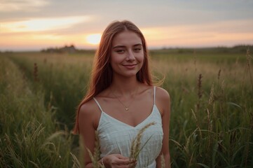 Obraz premium Young woman standing in a grassy field at sunset, smiling and gently holding grass, with a peaceful landscape and soft light in the background.