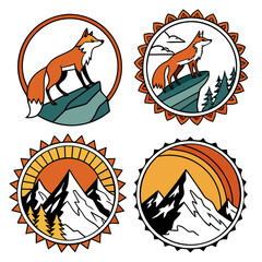 Set of four circular nature inspired illustrations featuring a fox and mountain landscapes