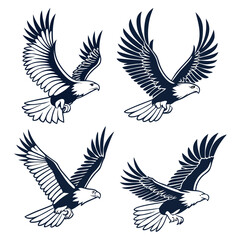 Set of four stylized bald eagles in flight depicted in a graphic illustrative and minimalist style