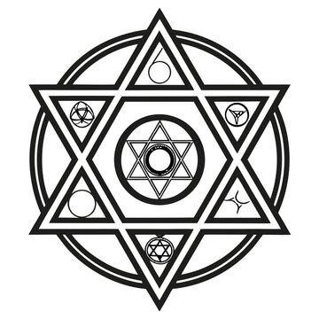 Intricate geometric occult symbol with interlocking stars circles and arcane sigils on white background