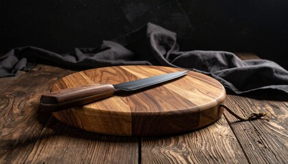 "Dark-bladed kitchen knife with wooden handle on round cutting board over dark surface."