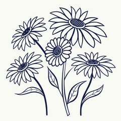 Stylized dark blue line art daisy flowers with leaves on a white background