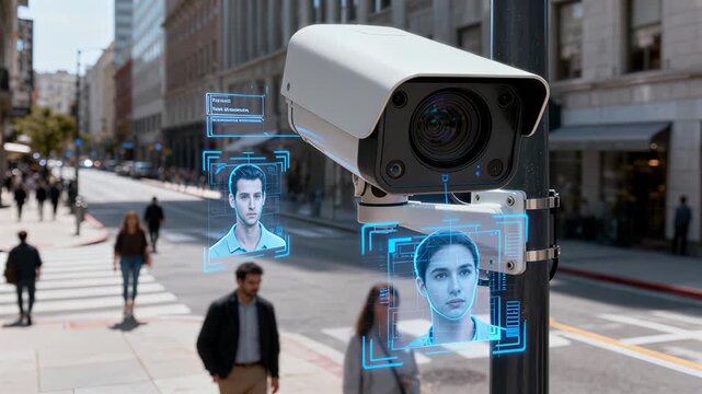 Smart city technology captures pedestrian movement through advanced facial recognition system. Digital interface analyzes crowd behavior on busy metropolitan crosswalk with real-time scanning.