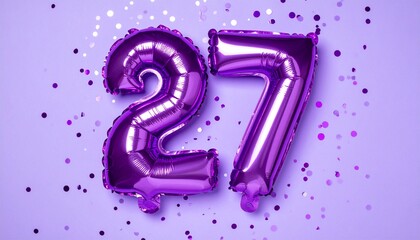 Purple balloon number 27 with confetti on solid colored background. Photo for anniversary or birthday party