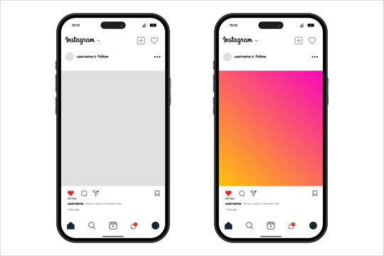 instagram Social Media Interface Mockups: Two sleek smartphone screens showcase a social media platform's interface, featuring a grayscale image and a vibrant gradient background.
