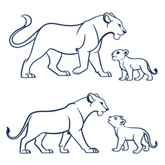 Two stylized line art illustrations of a mother lion and her cub in different poses © Ashik