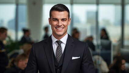 Confident Businessman Wearing Elegant Suit Smiling In Modern Office Setting Surrounded By Colleagues Engaged In Professional Activities
