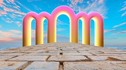 Vibrant Archway Under Colors of Sky with Fluffy Clouds and Stone Path