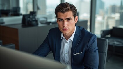 Fototapeta premium Professional young businessman in formal attire sitting at a modern office desk, focused on work with a city skyline view through large windows.