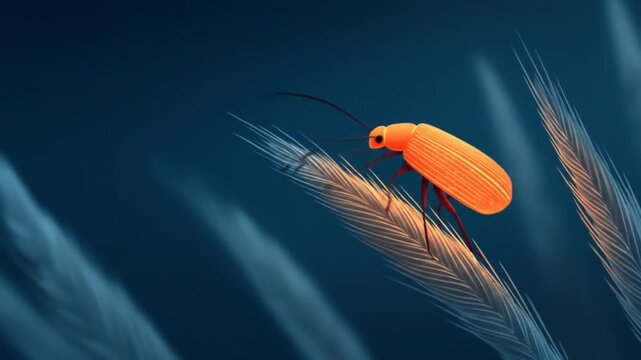 Vibrant orange insect on wheat stalk against a dark blue background