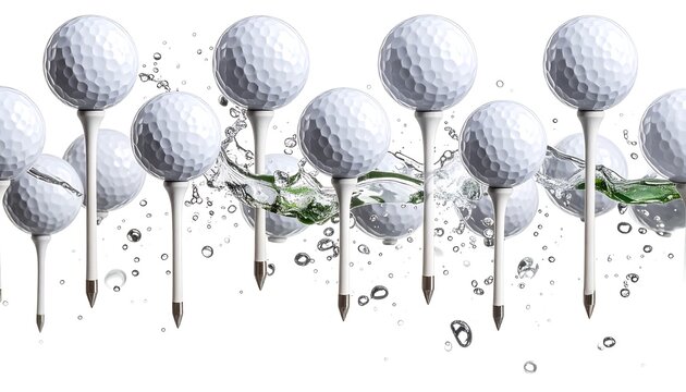 Golf balls on tees with water splashes