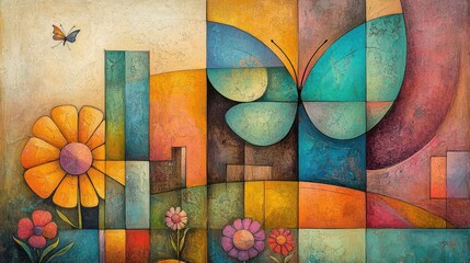 Fototapeta premium Surreal cubist butterfly, its wings overlapping in geometric planes, hovering above a floating garden of abstract flowers.