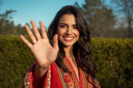 Smiling woman in colorful traditional attire waving hand outdoors with greenery in background and clear blue sky, expressing warmth and friendliness