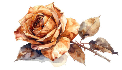 Watercolor painting of a dried brown rose with withered leaves on a white background.