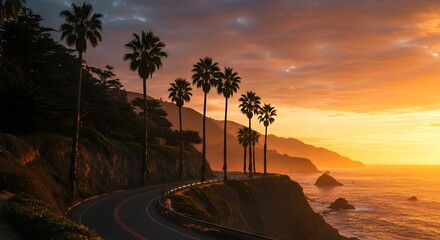 "Pacific Coast Gold: Palm Tree Silhouettes over a Winding Coastal Highway at a Fiery Sunset"
