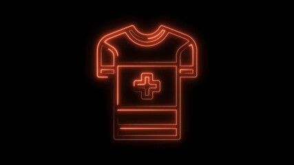 Neon style first aid t shirt with cross sign on black background animation