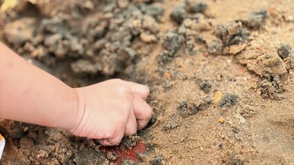 Child Playing with Sand – Hand Digging Beach Ground, Fun Outdoor Activity
