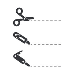 Bundle set cutting along dotted line, symbol for cutting guide, coupon, or craft instruction in minimalist style.