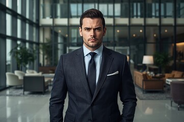Fototapeta premium Businessman dressed in formal suit standing confidently in a modern office space with large glass windows and contemporary furniture in the background