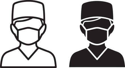 Illustration of a doctor wearing a mask and cap in black and white, a simple vector design for medical or healthcare themes, suitable for icons and minimalistic designs on