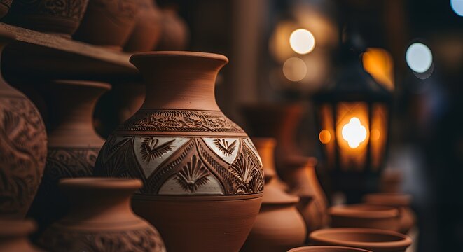 "Artisan Glow: Handcrafted Terracotta Pottery with Intricate Engravings and Warm Lantern Light" - Powered by Adobe