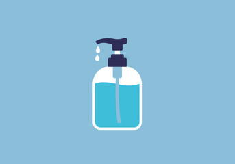 Hand sanitizer dispenser with blue liquid ready for use.