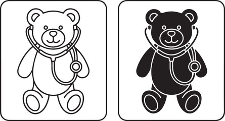 Illustration of a teddy bear wearing a stethoscope, presented in both black and white versions ideal for healthcare, childrens themes, or educational materials on