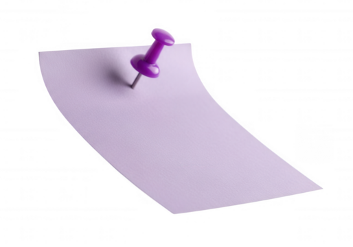 Purple pin holding lilac paper isolated on a transparent background