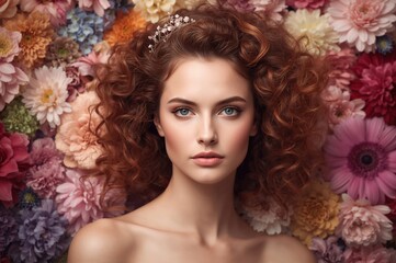Portrait of a woman with curly hair adorned with a floral crown surrounded by a colorful arrangement of various flowers showcasing beauty and elegance