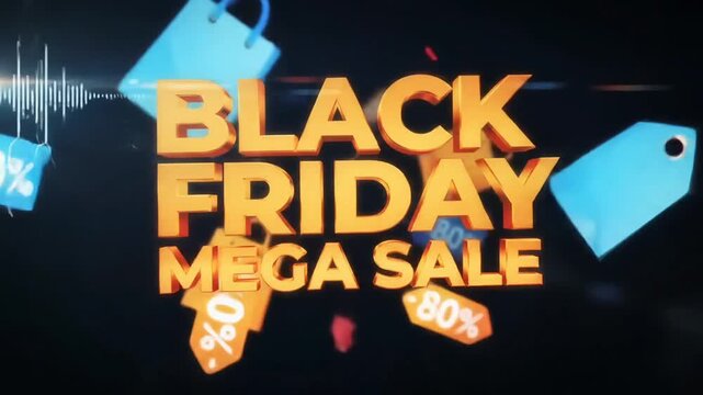 Dynamic black friday mega sale announcement with falling discount tags and sound wave graphic