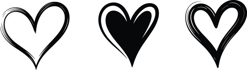 Stylized heart icons set, brushstroke texture, solid black heart, artistic love symbols, emotional design, romantic illustration, graphic art elements