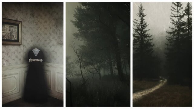 A gothic horror concept of three panels showing a dark haunted room and a forest, in three panels