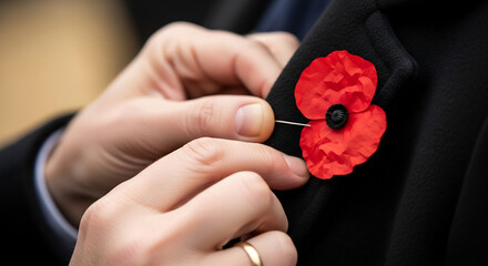 Close-up of hands pinning a symbolic red poppy onto a dark suit lapel, representing remembrance and honoring veterans on a solemn day.
