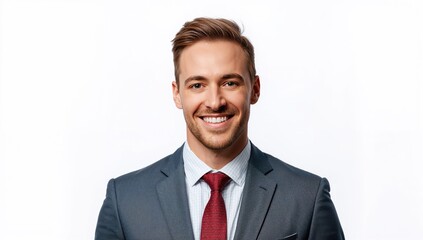Portrait of confident businessman in formal suit smiling broadly with toothy grin against plain white background showcasing professionalism and approachability