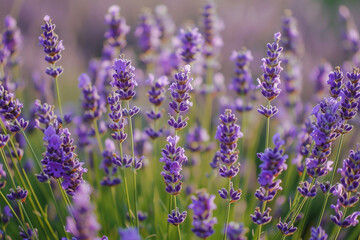 Obraz premium Close-up of vibrant purple lavender flowers blooming in a sunlit field, evoking tranquility and natural beauty.