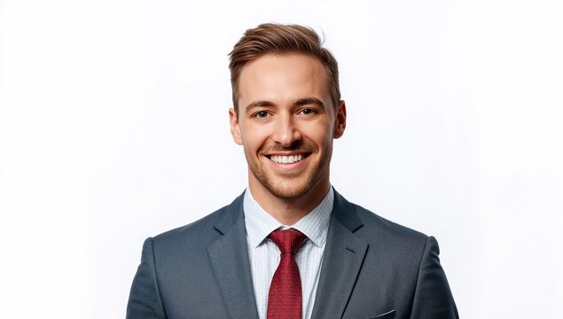 Portrait of confident businessman in formal suit smiling broadly with toothy grin against plain white background showcasing professionalism and approachability