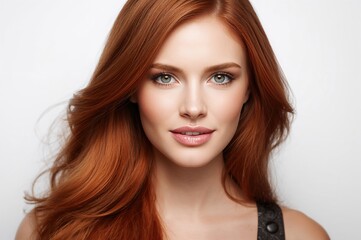 Naklejka premium Portrait of a woman with long red hair and green eyes, soft makeup, and clear skin, set against a neutral background, emphasizing her facial features and expressions.
